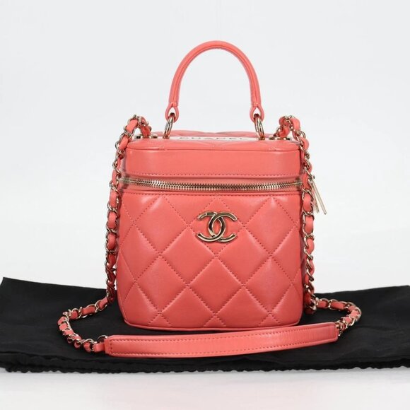 CHANEL Matelasse COCO Mark Vanity Bag Lamb Skin 2way Pink Gold CC Auth - Picture 1 of 16